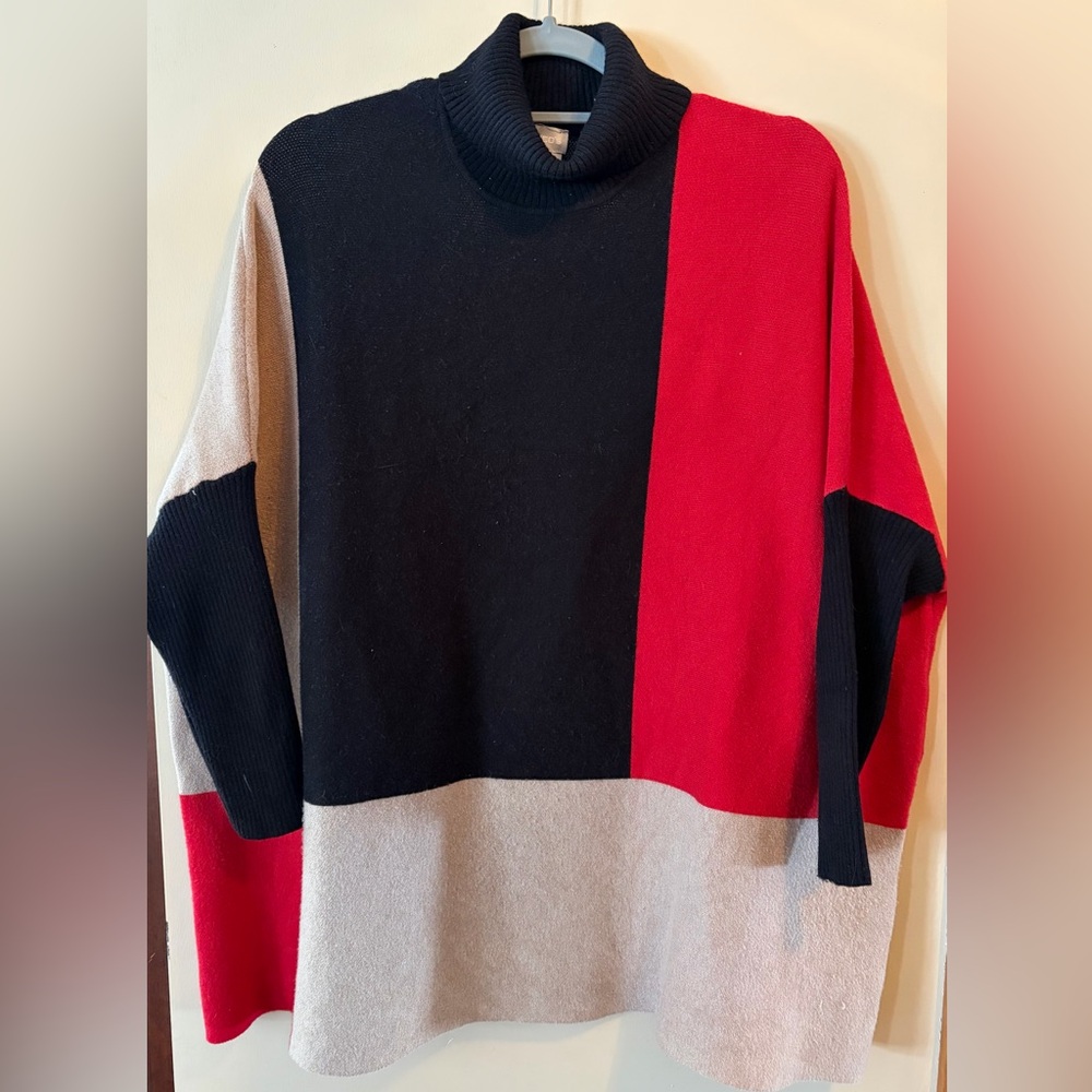 Chicos Colorblock Turtleneck Sweater, 3/4 sleeves, 30" long, L/XL